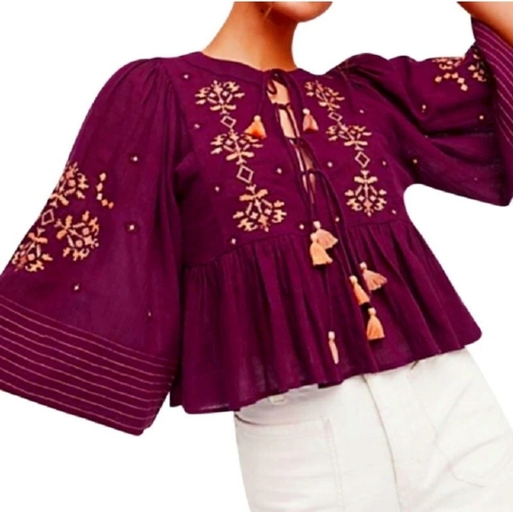 Free People Embroidered Crop Top Plum Tassel Elbow Bell Sleeve Cotton Size Small - Picture 1 of 8